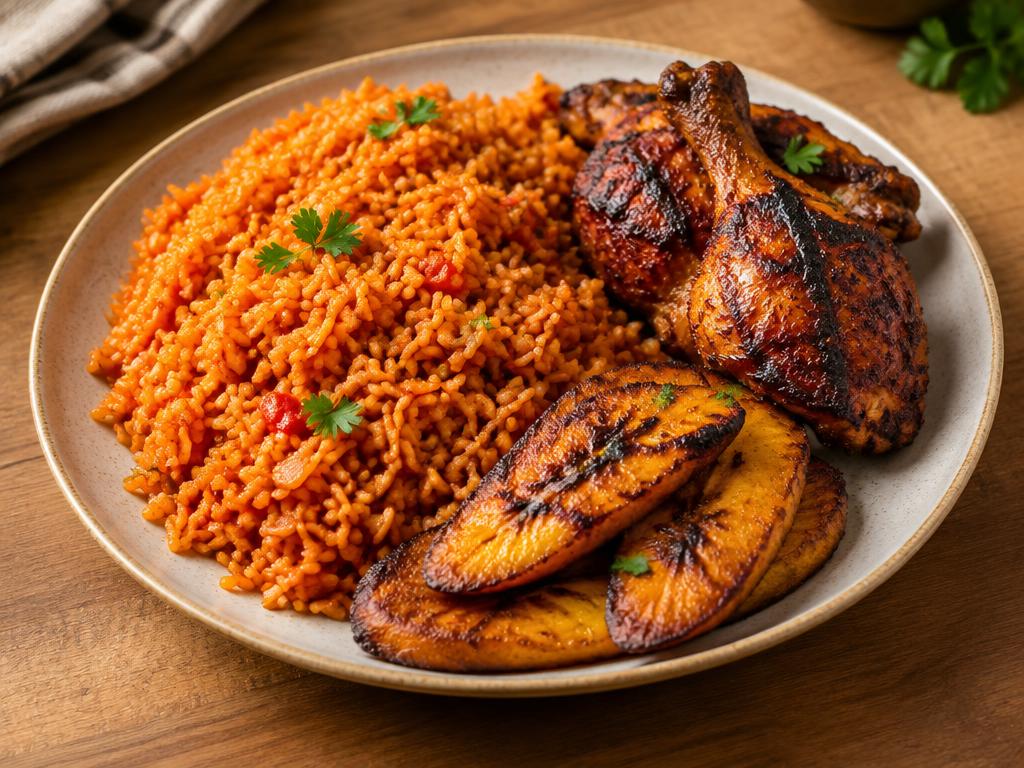 Colourful Nigerian rice dish with prawns